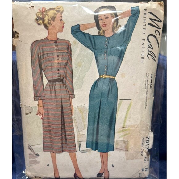 1947 Dress Button Down Sewing Pattern Misses Long Sleeve Ease Size 12 Cut Vtg - Picture 1 of 5